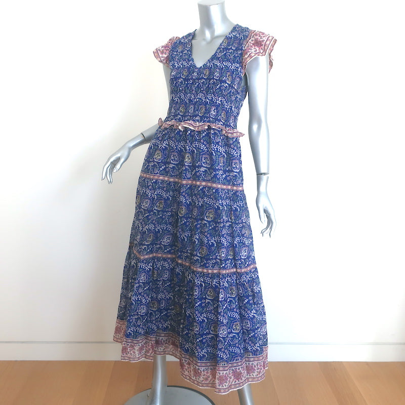 SEA Rosita Smocked Midi Dress Blue Floral Print Cotton Size 6
