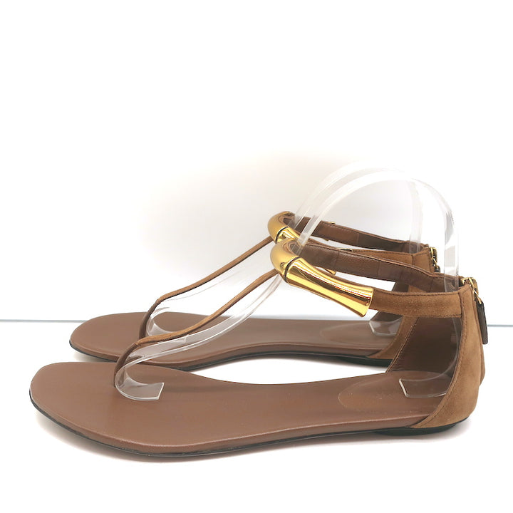 Gucci Coraline Bamboo Thong Sandals Brown Suede Size 38 T-Strap Flats