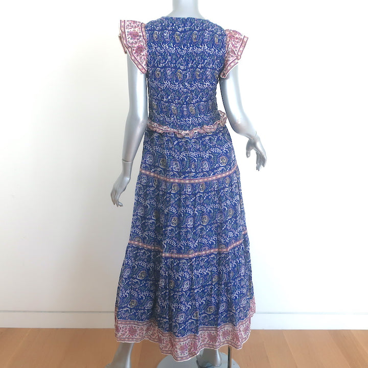 SEA Rosita Smocked Midi Dress Blue Floral Print Cotton Size 6