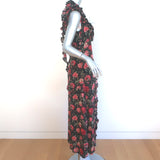 R13 Ruffle Slit Dress Black Floral Print Silk Size Medium Sleeveless Maxi