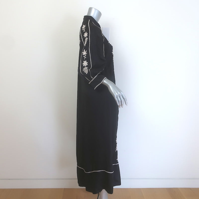 THE GREAT Floral-Embroidered Button Front Midi Shirt Dress Black Satin Size 1