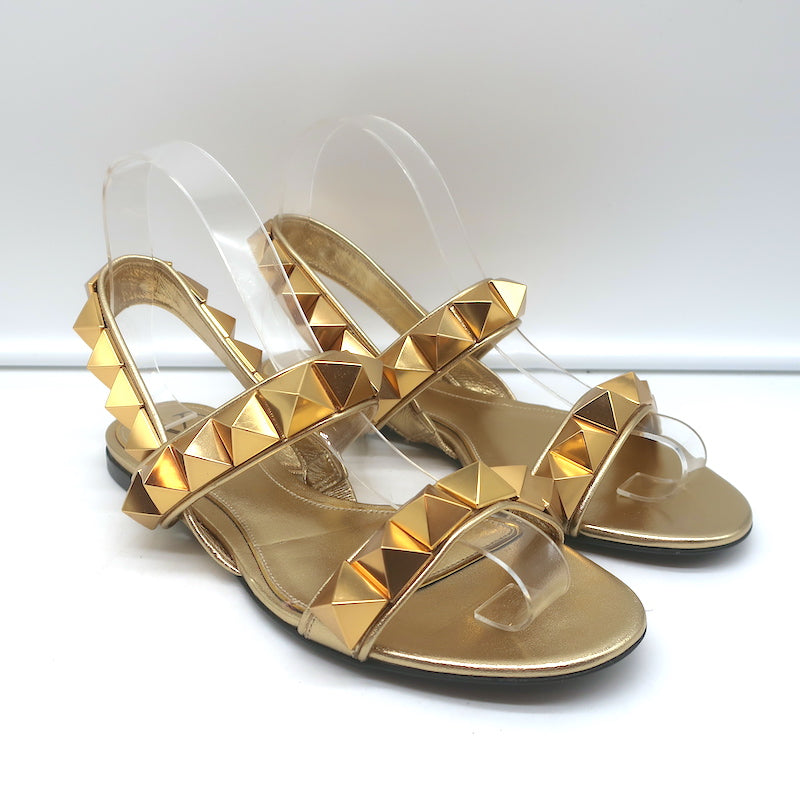 Valentino Roman Stud Slingback Flat Sandals Gold Metallic Leather Size –  Celebrity Owned