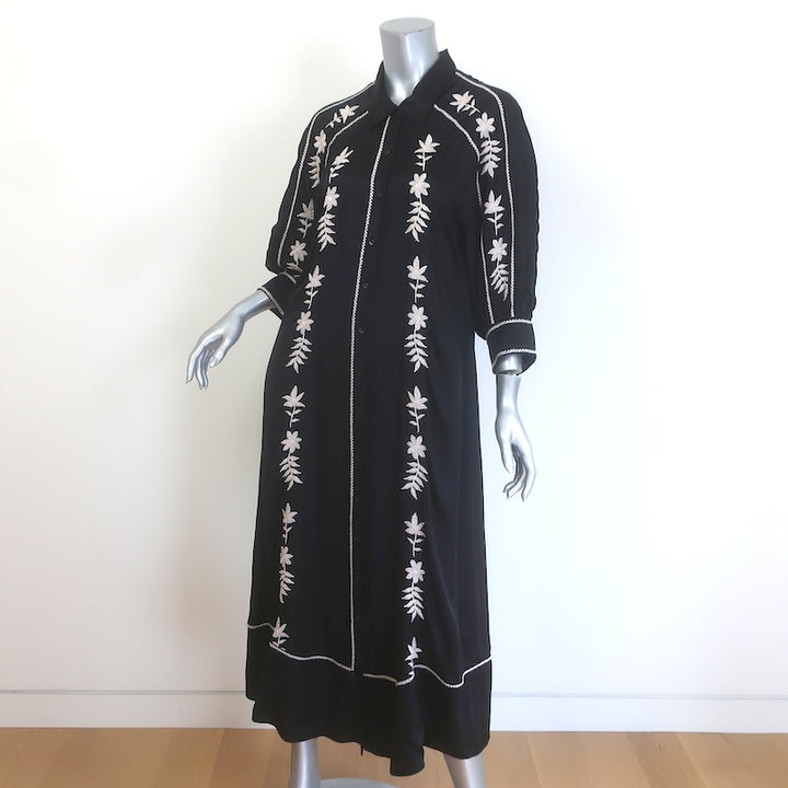 THE GREAT Floral-Embroidered Button Front Midi Shirt Dress Black Satin Size 1