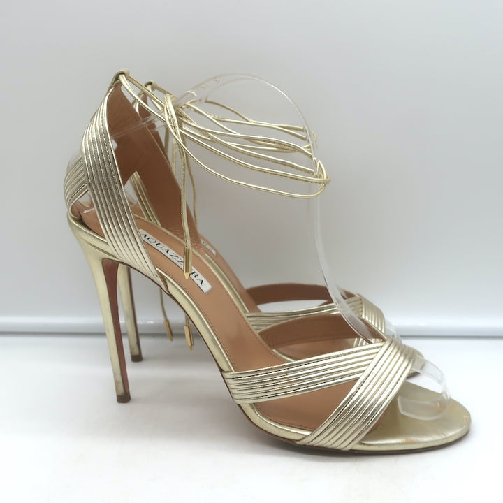 Aquazzura Ari 105 Ankle Wrap Sandals Gold Metallic Leather Size 41