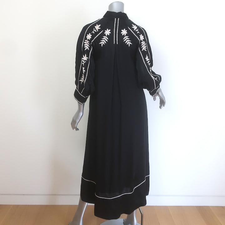 THE GREAT Floral-Embroidered Button Front Midi Shirt Dress Black Satin Size 1