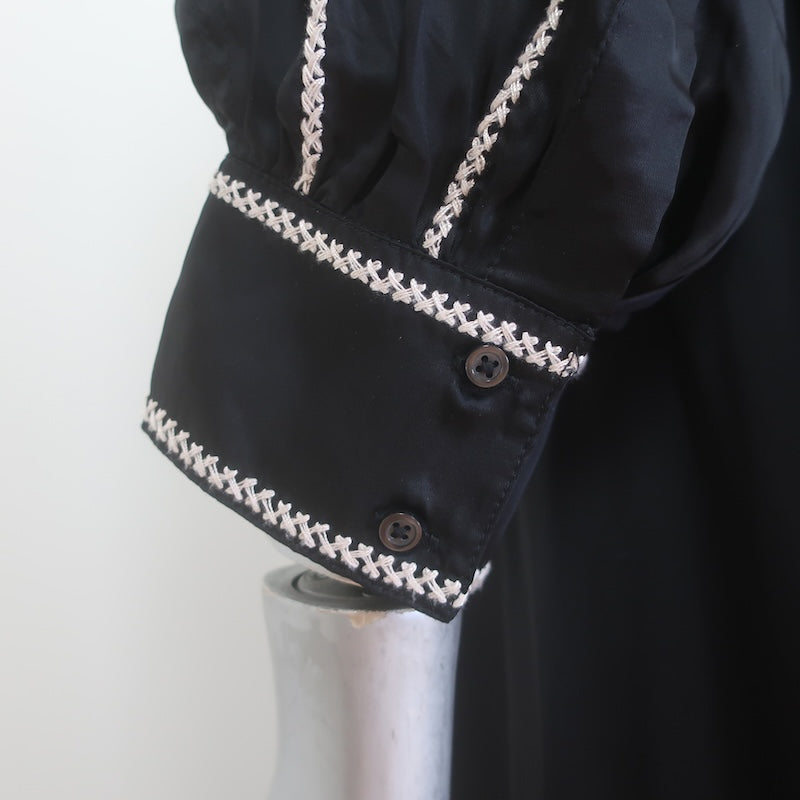 THE GREAT Floral-Embroidered Button Front Midi Shirt Dress Black Satin Size 1