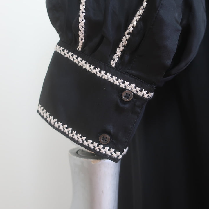 THE GREAT Floral-Embroidered Button Front Midi Shirt Dress Black Satin Size 1