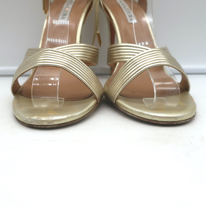 Aquazzura Ari 105 Ankle Wrap Sandals Gold Metallic Leather Size 41