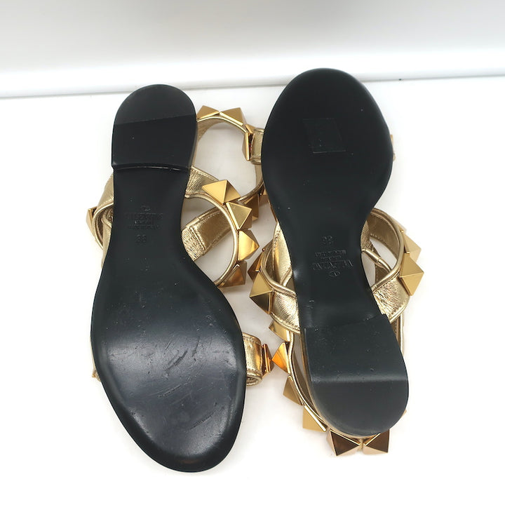 Valentino Roman Stud Slingback Flat Sandals Gold Metallic Leather Size 36