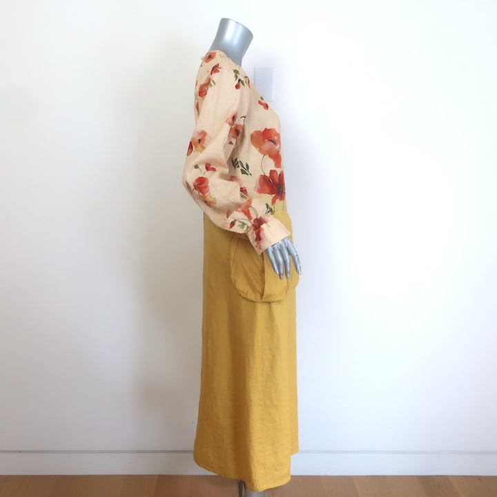 R13 Bellow Pocket Midi Dress Yellow Ombre Poppy Print Linen Size Medium NEW