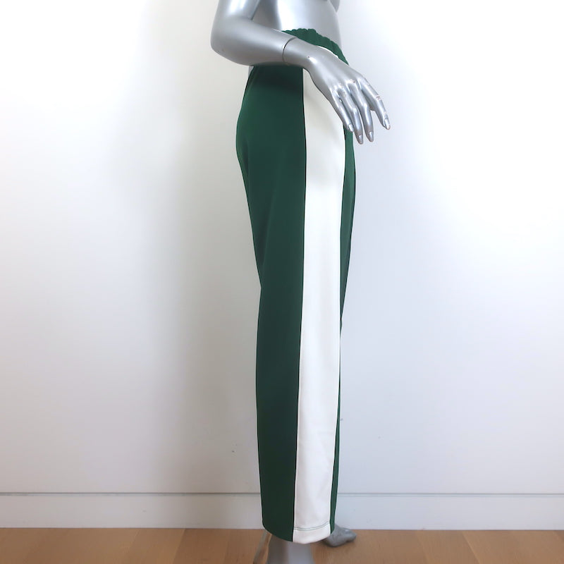 The Great side-stripe track pants, clover green and white, pre-owned luxury activewear, gently worn, size 0