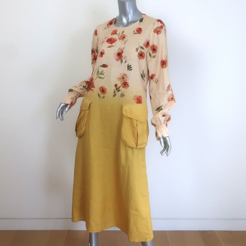 R13 Bellow Pocket Midi Dress Yellow Ombre Poppy Print Linen Size Medium NEW