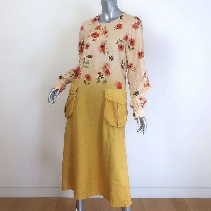R13 Bellow Pocket Midi Dress Yellow Ombre Poppy Print Linen Size Medium NEW
