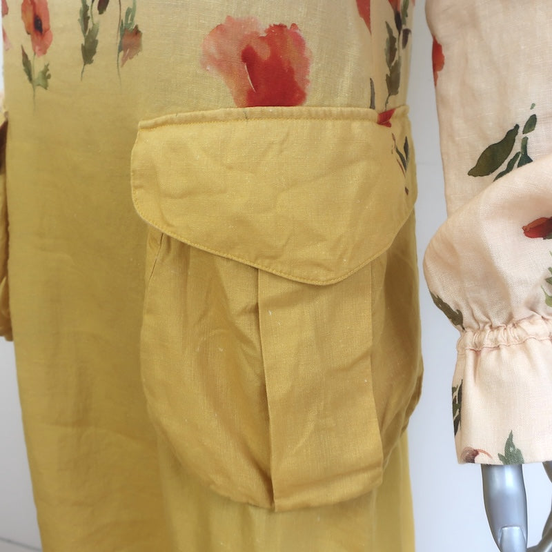 R13 Bellow Pocket Midi Dress Yellow Ombre Poppy Print Linen Size Medium NEW