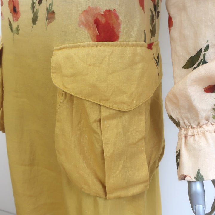 R13 Bellow Pocket Midi Dress Yellow Ombre Poppy Print Linen Size Medium NEW