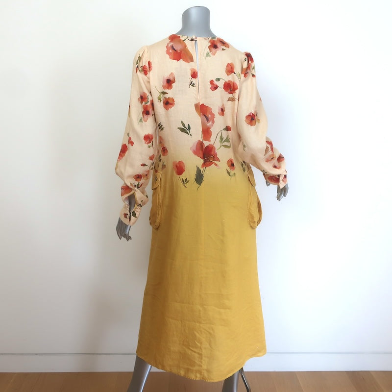 R13 Bellow Pocket Midi Dress Yellow Ombre Poppy Print Linen Size Medium NEW