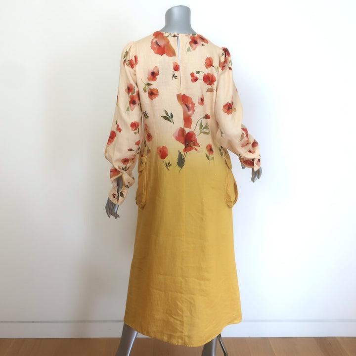 R13 Bellow Pocket Midi Dress Yellow Ombre Poppy Print Linen Size Medium NEW