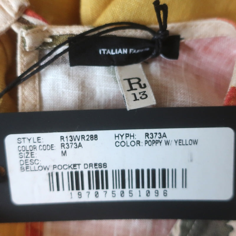 R13 Bellow Pocket Midi Dress Yellow Ombre Poppy Print Linen Size Medium NEW