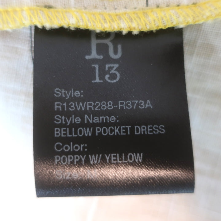 R13 Bellow Pocket Midi Dress Yellow Ombre Poppy Print Linen Size Medium NEW