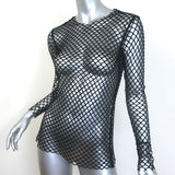 Dries Van Noten long-sleeve black fishnet top, sheer open-knit material, pre-owned luxury, size M
