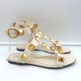 Valentino Roman Stud Ankle Strap Flat Sandals Cream Leather Size 36