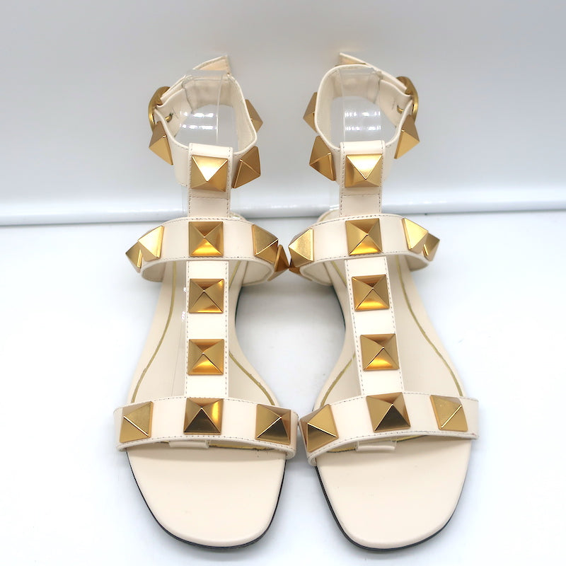 Valentino Roman Stud Ankle Strap Flat Sandals Cream Leather Size 36