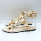 Valentino Roman Stud Ankle Strap Flat Sandals Cream Leather Size 36