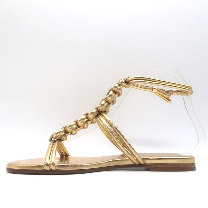 Gianvito Rossi Capua Braided T-Strap Sandals Gold Metallic Leather Size 36.5 NEW