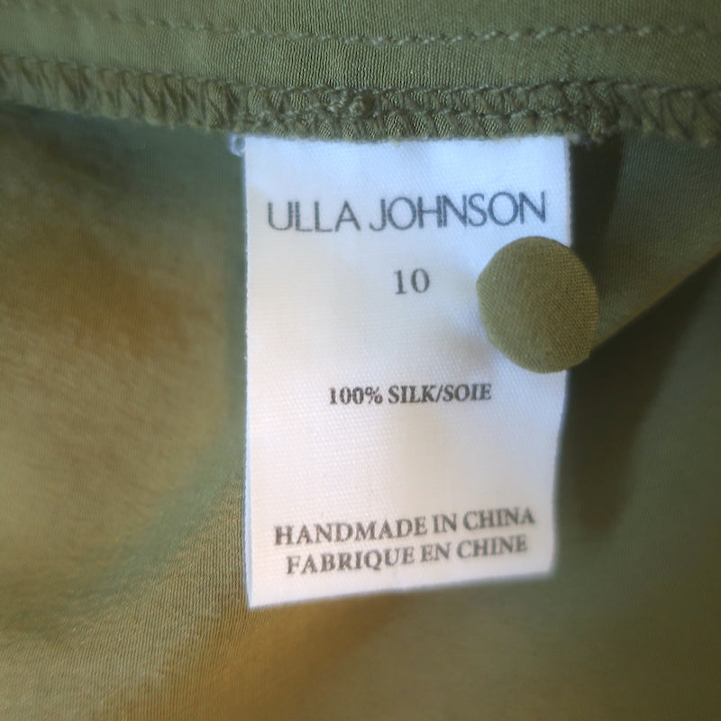 Ulla Johnson Lela Puff Sleeve Blouse Olive Silk Size 10