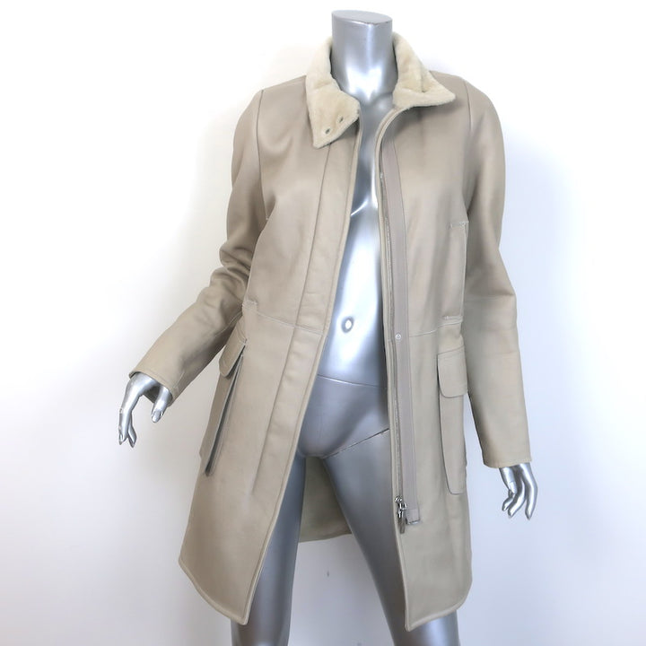 Jil Sander Shearling Zip-Up Coat Taupe Leather Size 36