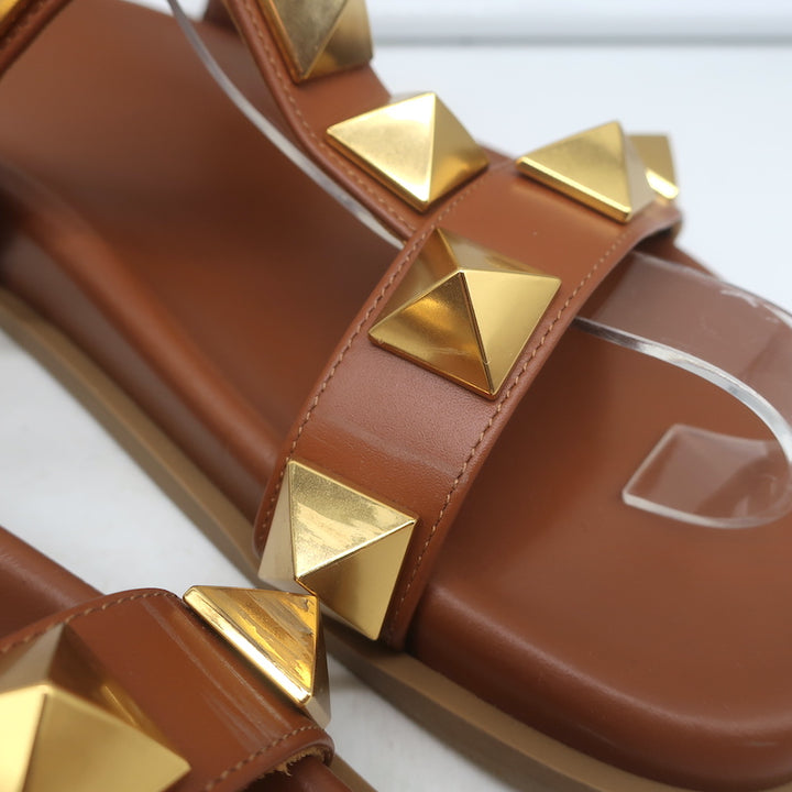 Valentino Roman Stud Slide Sandals Brown Leather Size 36