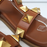 Valentino Roman Stud Slide Sandals Brown Leather Size 36