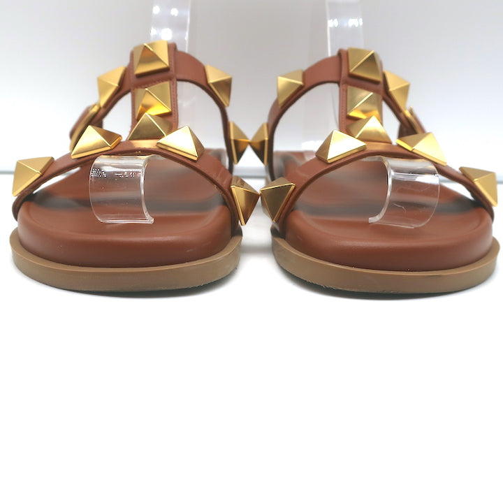 Valentino Roman Stud Slide Sandals Brown Leather Size 36