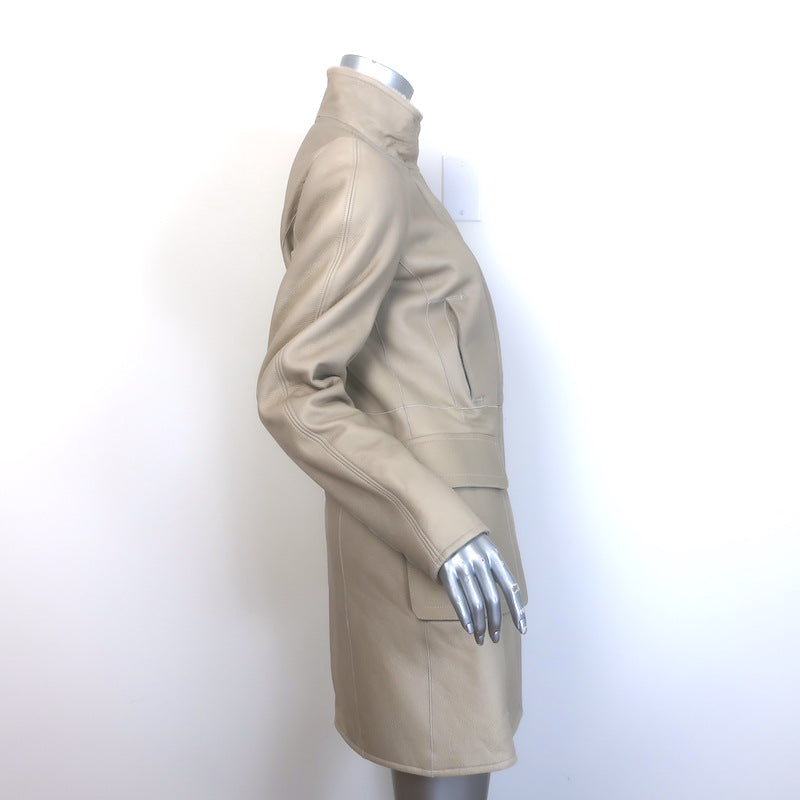 Jil Sander Shearling Zip-Up Coat Taupe Leather Size 36