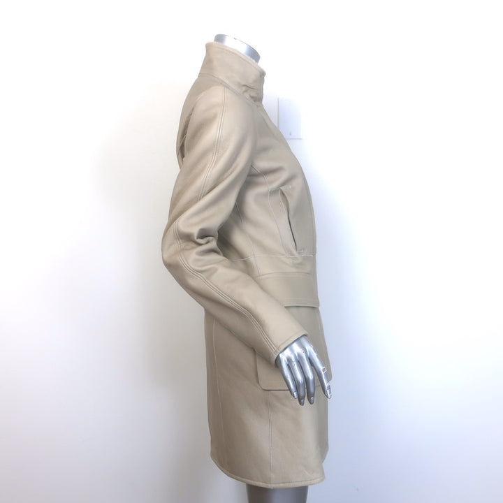 Jil Sander Shearling Zip-Up Coat Taupe Leather Size 36