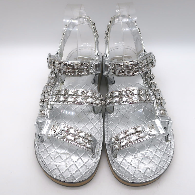 Chanel CC Chain Dad Sandals Silver Metallic Leather Size 36