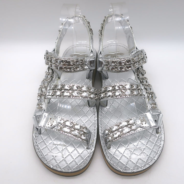 Chanel CC Chain Dad Sandals Silver Metallic Leather Size 36