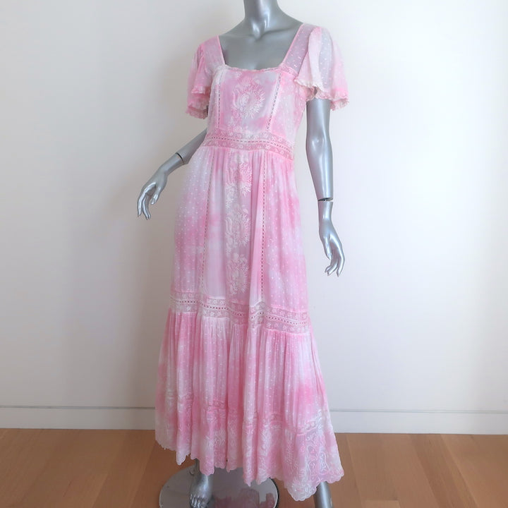 LoveShackFancy Norma Embroidered Maxi Dress Pink Tie Dye Size 8