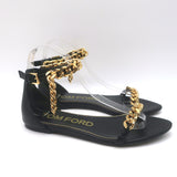 Tom Ford Biker Chain Ankle Strap Flat Sandals Black Leather Size 36.5