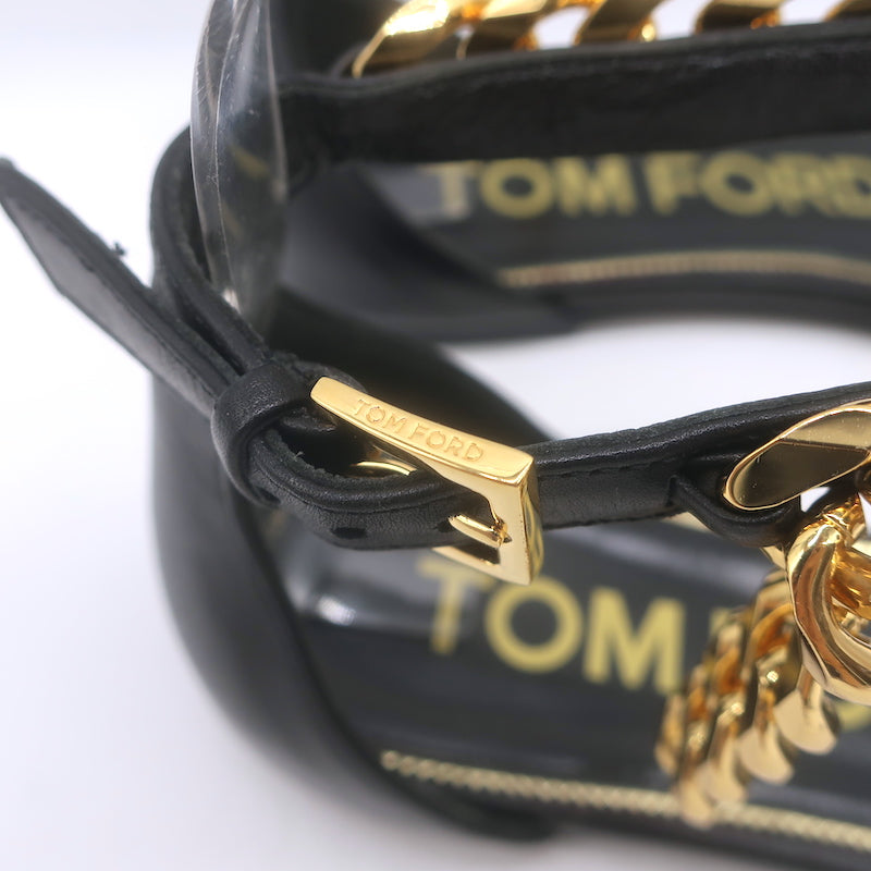 Tom Ford Biker Chain Ankle Strap Flat Sandals Black Leather Size 36.5