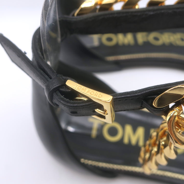 Tom Ford Biker Chain Ankle Strap Flat Sandals Black Leather Size 36.5