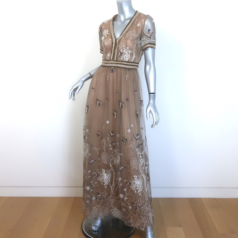 Costarellos Embroidered Tulle Gown Beige Size 40 Short Sleeve Maxi Dress