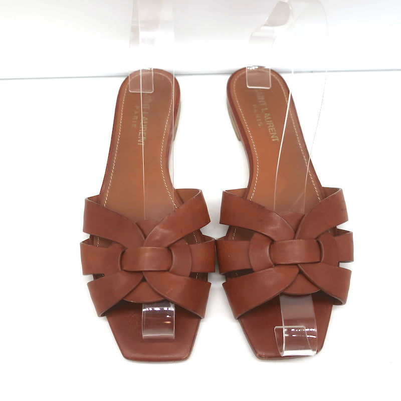 Saint Laurent Tribute Mules Brown Leather Size 36.5 Flat Slide Sandals