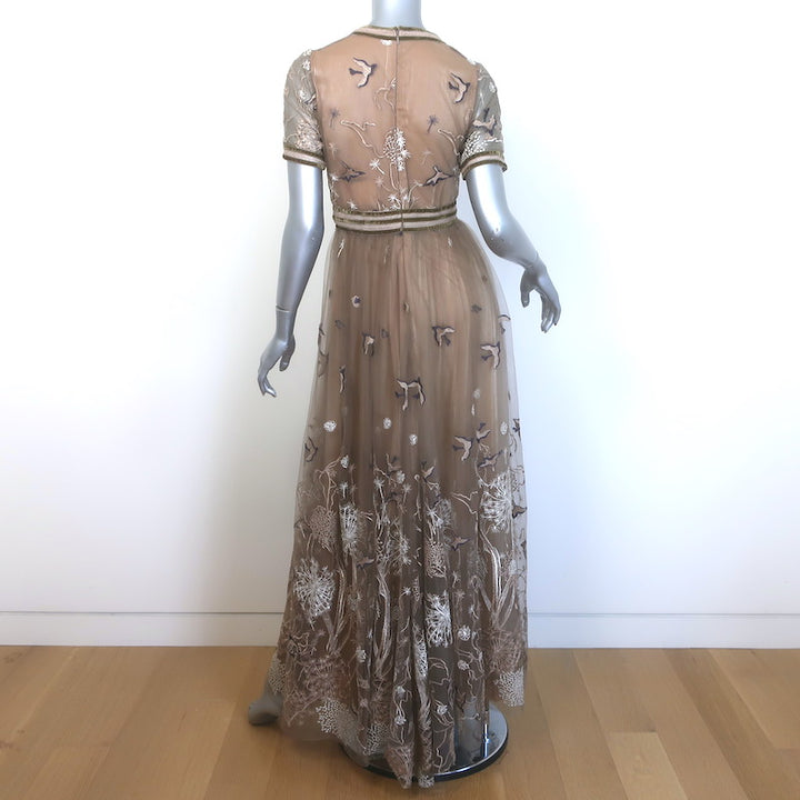 Costarellos Embroidered Tulle Gown Beige Size 40 Short Sleeve Maxi Dress