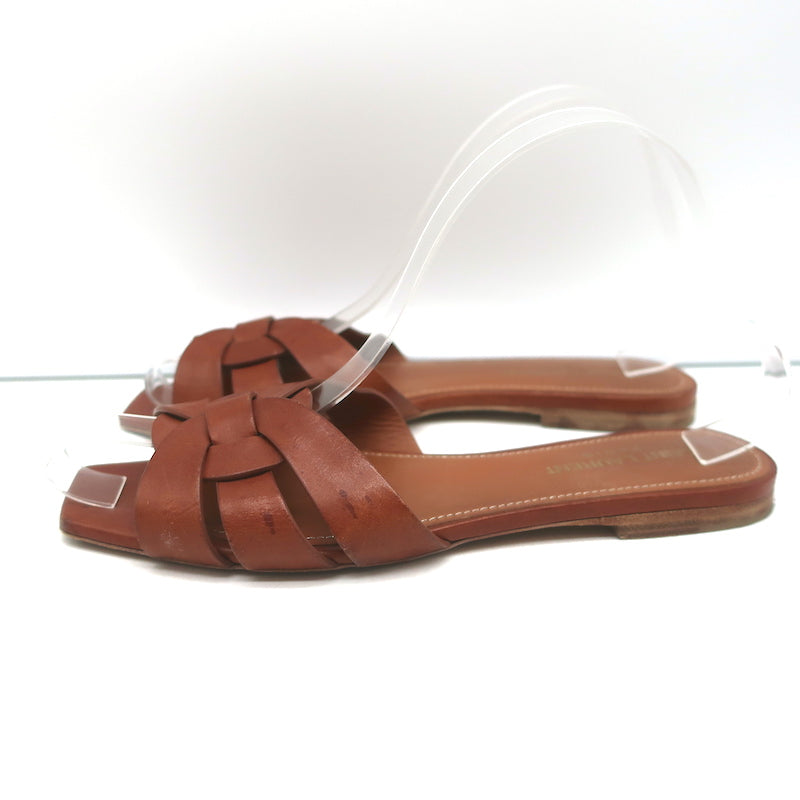 Saint Laurent Tribute Mules Brown Leather Size 36.5 Flat Slide Sandals