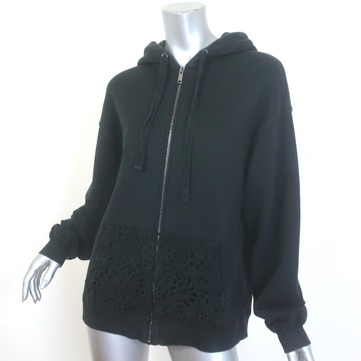 Valentino Macrame Pocket Zip-Up Logo Hoodie Sweatshirt Black Size Small