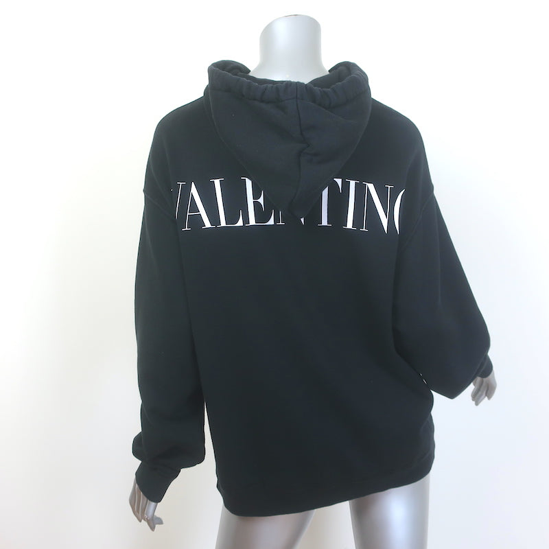 Valentino Macrame Pocket Zip-Up Logo Hoodie Sweatshirt Black Size Small