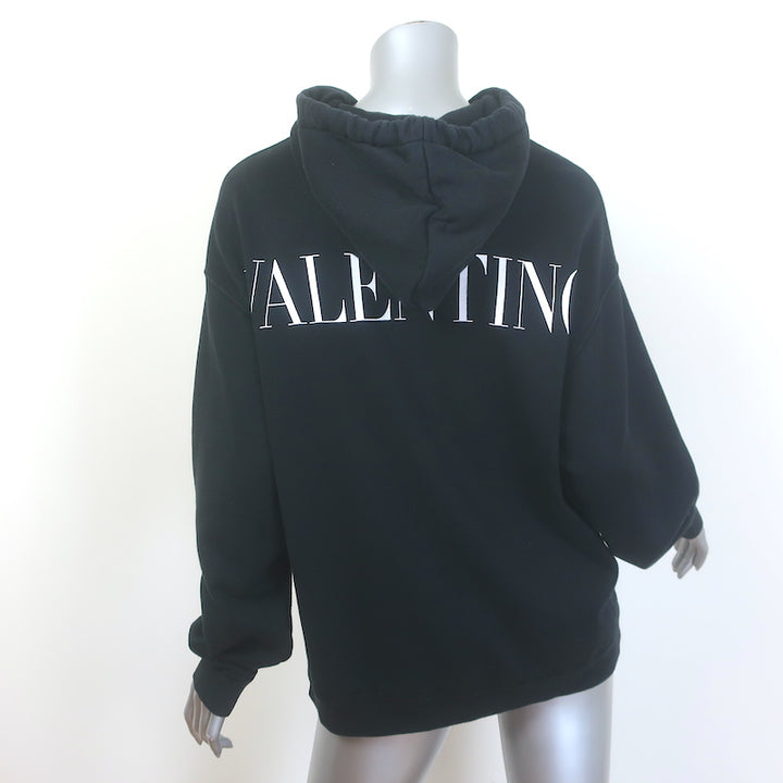 Valentino Macrame Pocket Zip-Up Logo Hoodie Sweatshirt Black Size Small