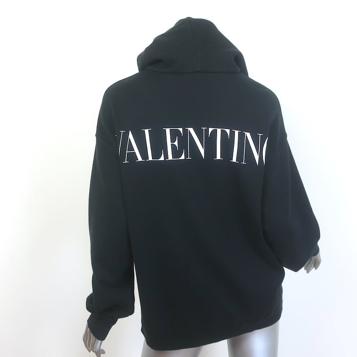 Valentino Macrame Pocket Zip-Up Logo Hoodie Sweatshirt Black Size Small