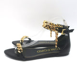 Tom Ford Biker Chain Ankle Strap Flat Sandals Black Leather Size 36.5